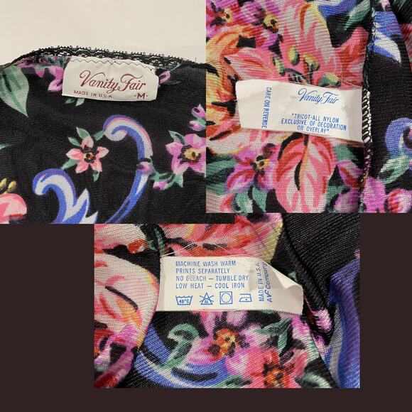 VTG Vanity Fair Floral Nylon Nightgown M Black Pink Lace Trim Made in USA - Picture 14 of 15